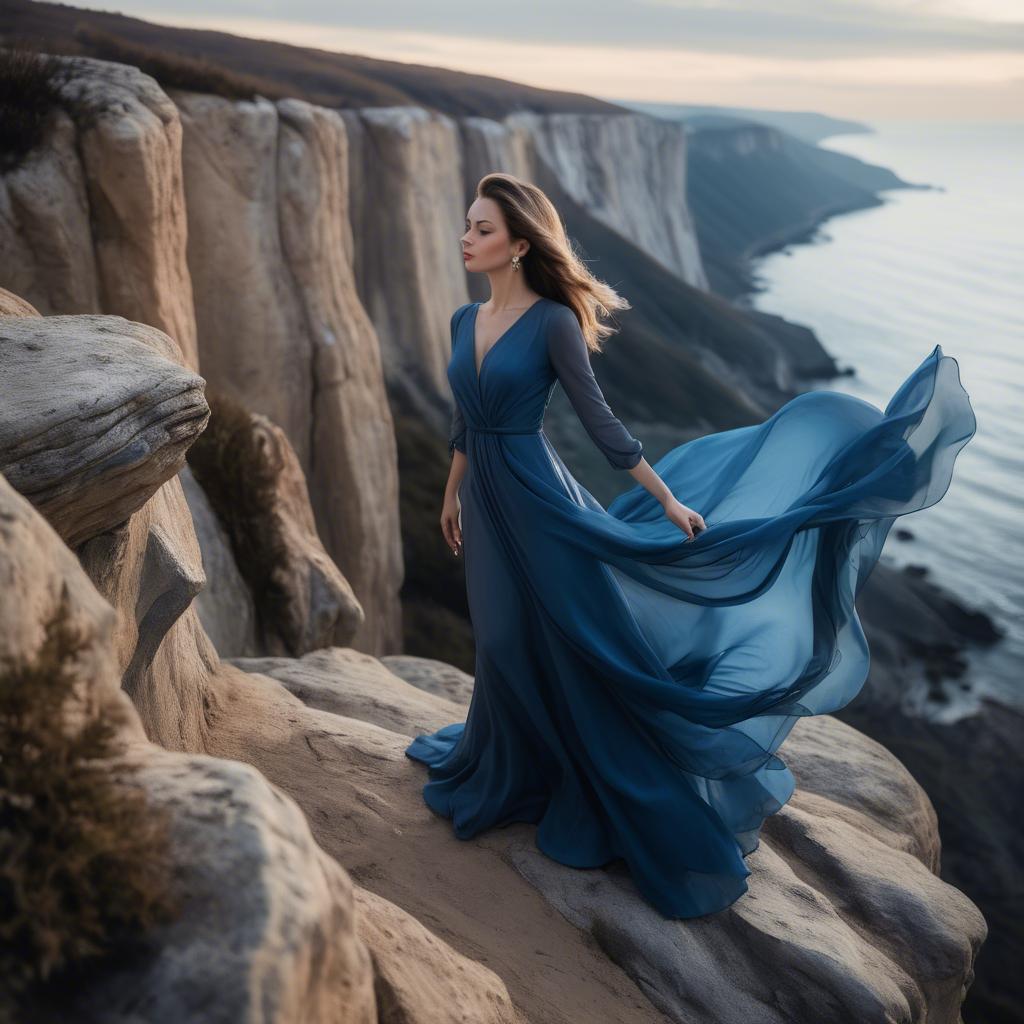 A stunning image of elegant woman in a flowing blue gown on a cliff.