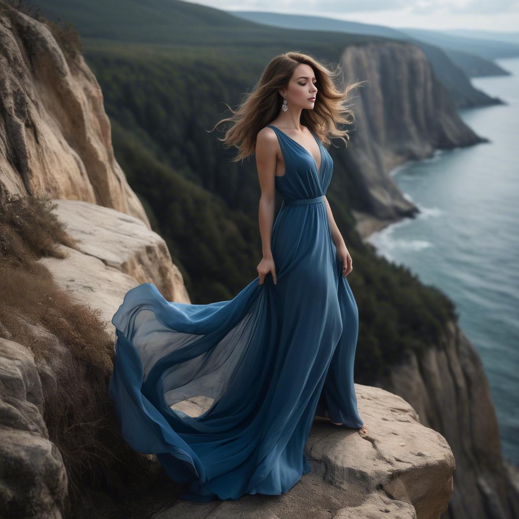 A stunning image of elegant woman in a flowing blue gown on a cliff.