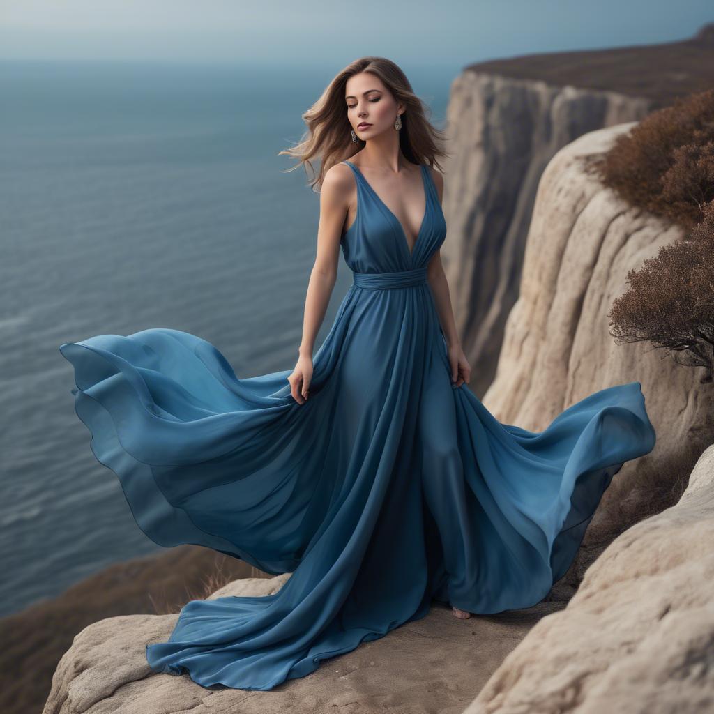 A stunning image of elegant woman in a flowing blue gown on a cliff.