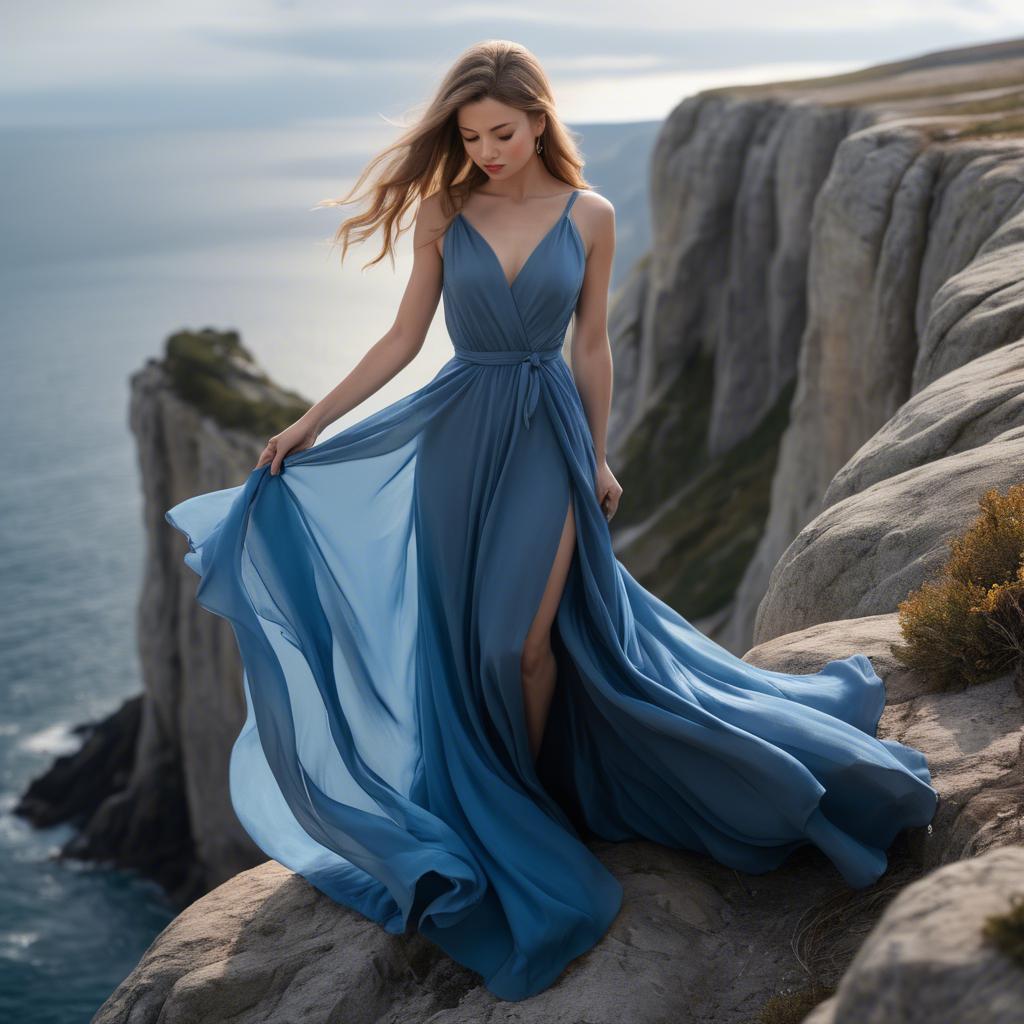 A stunning image of elegant woman in a flowing blue gown on a cliff.