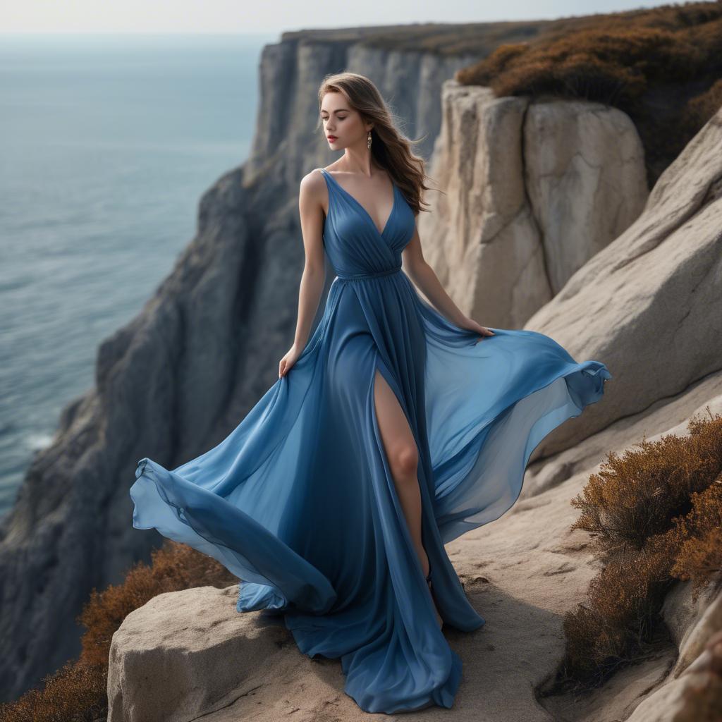 A stunning image of elegant woman in a flowing blue gown on a cliff.