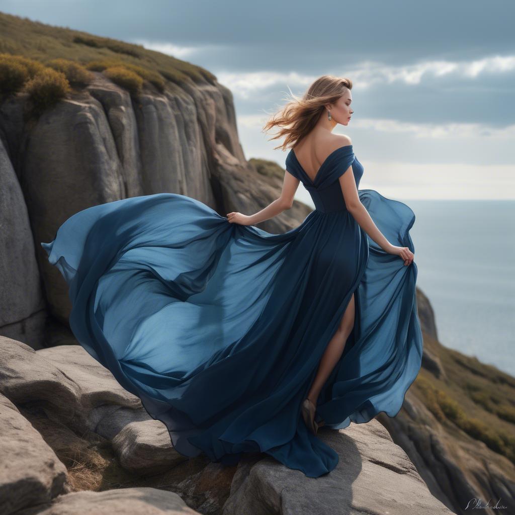A stunning image of elegant woman in a flowing blue gown on a cliff.