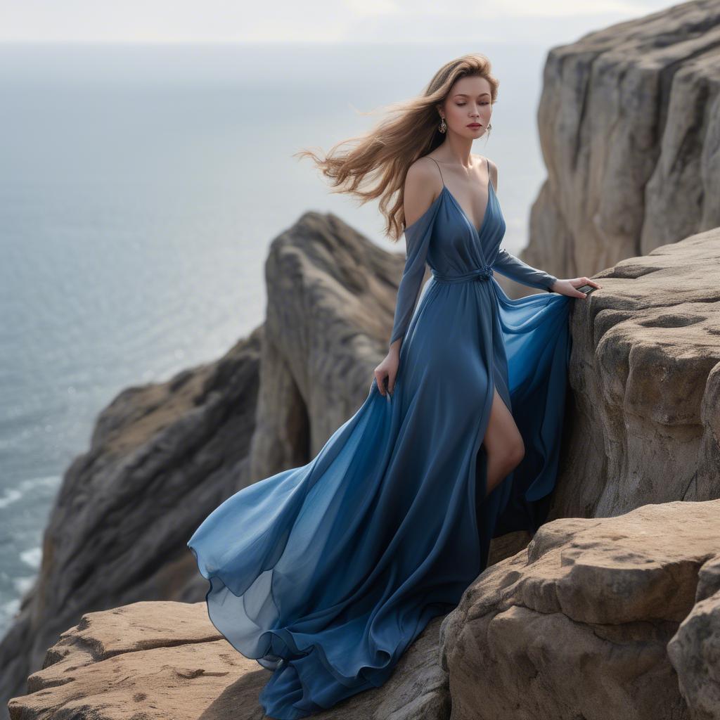 A stunning image of elegant woman in a flowing blue gown on a cliff.