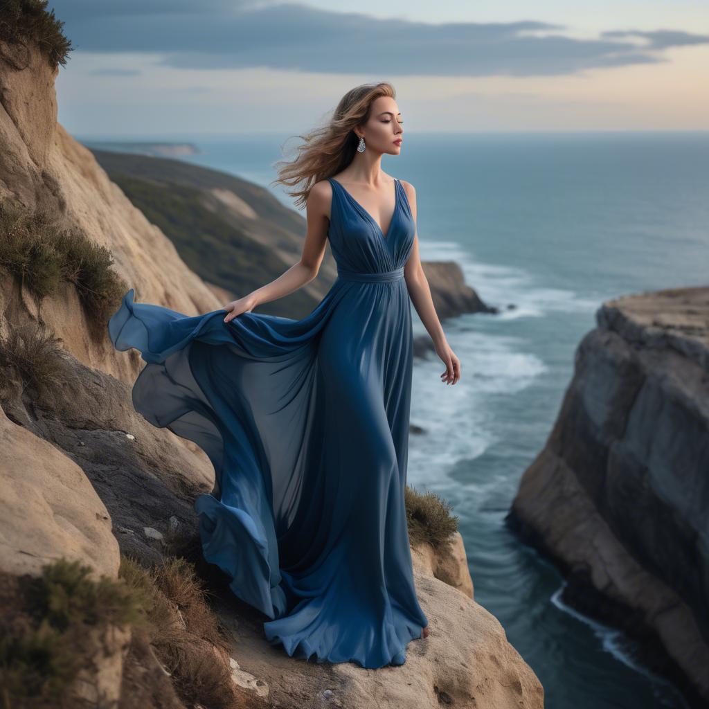 A stunning image of elegant woman in a flowing blue gown on a cliff.
