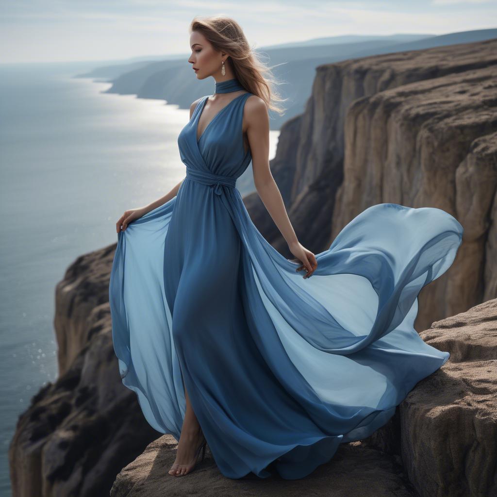 A stunning image of elegant woman in a flowing blue gown on a cliff.