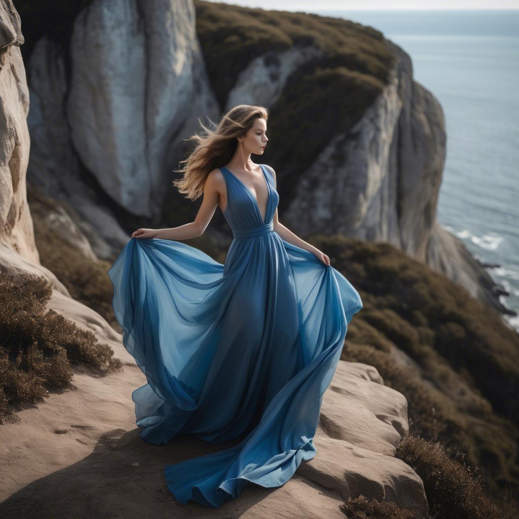 A stunning image of elegant woman in a flowing blue gown on a cliff.