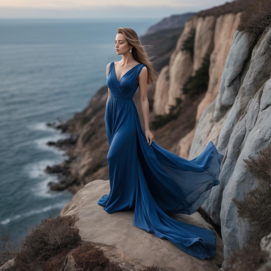 A stunning image of elegant woman in a flowing blue gown on a cliff.