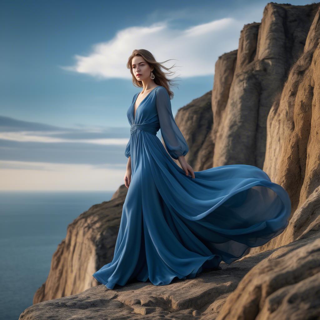 A stunning image of elegant woman in a flowing blue gown on a cliff.
