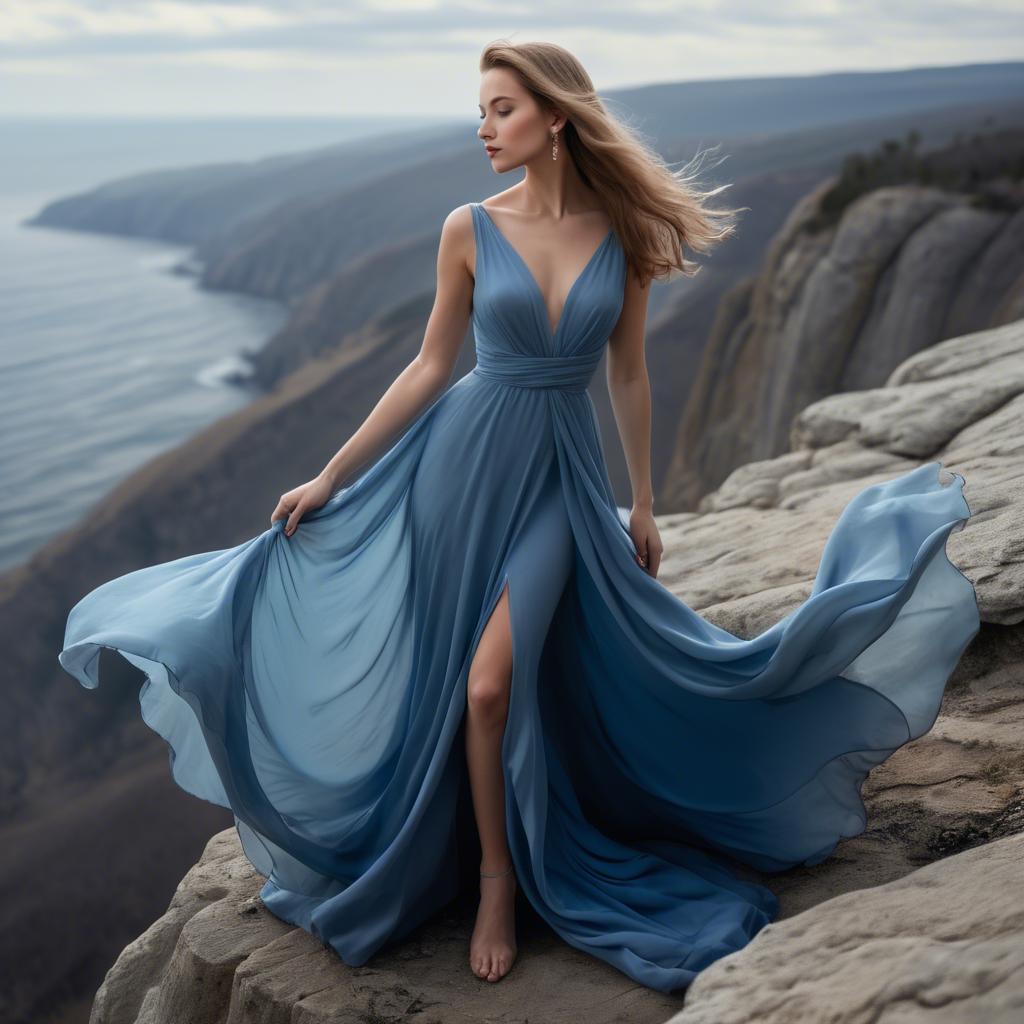 A stunning image of elegant woman in a flowing blue gown on a cliff.