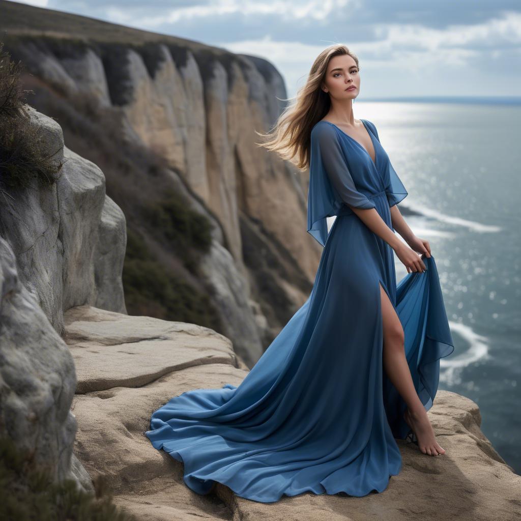 A stunning image of elegant woman in a flowing blue gown on a cliff.