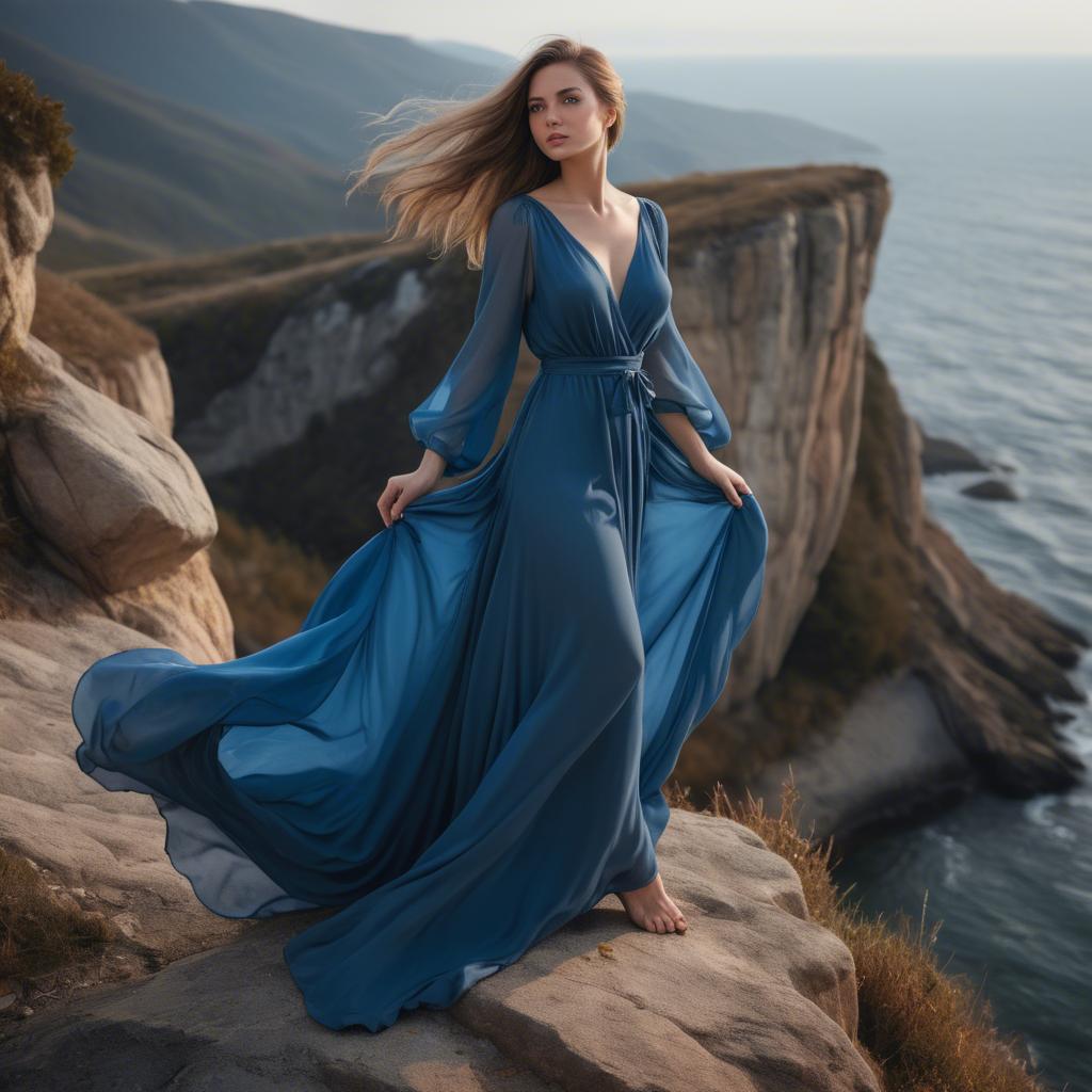 A stunning image of elegant woman in a flowing blue gown on a cliff.