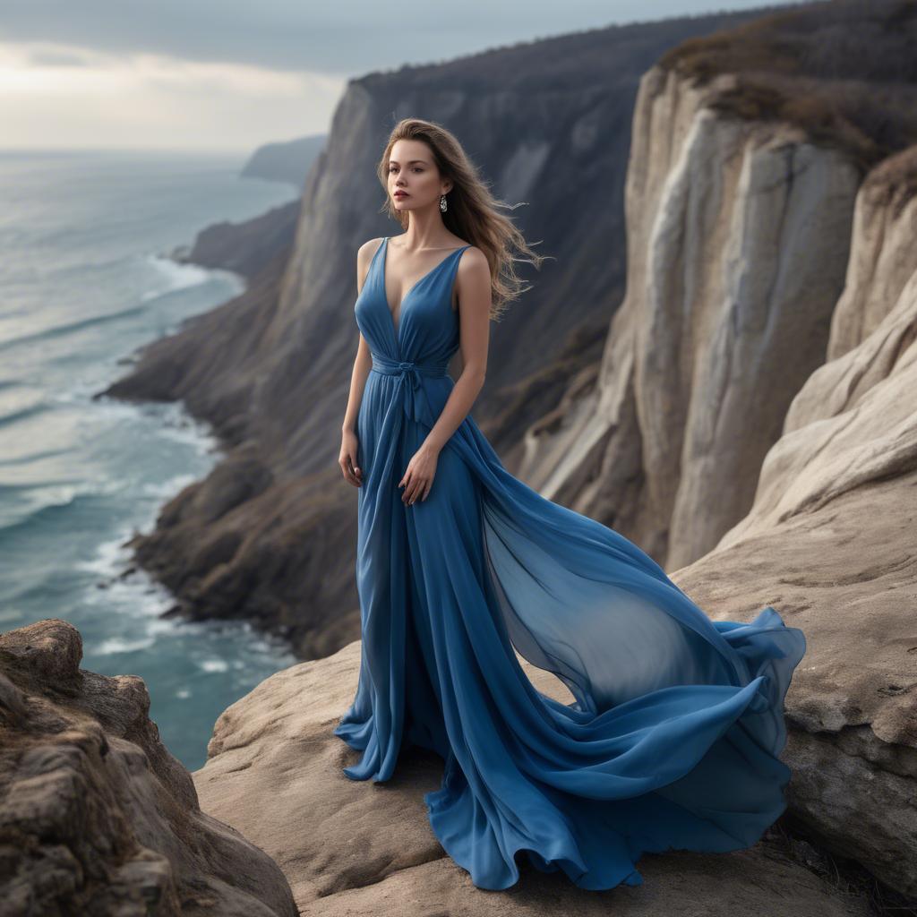 A stunning image of elegant woman in a flowing blue gown on a cliff.