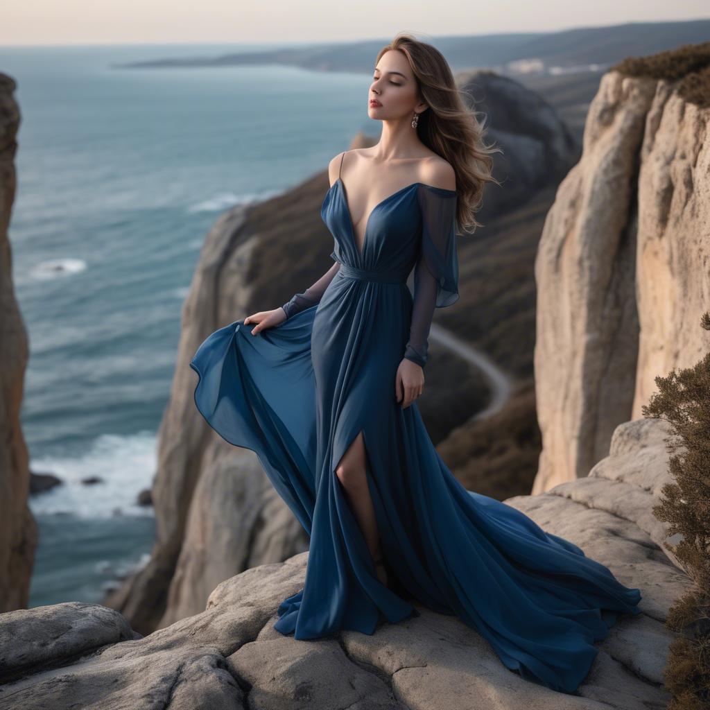 A stunning image of elegant woman in a flowing blue gown on a cliff.