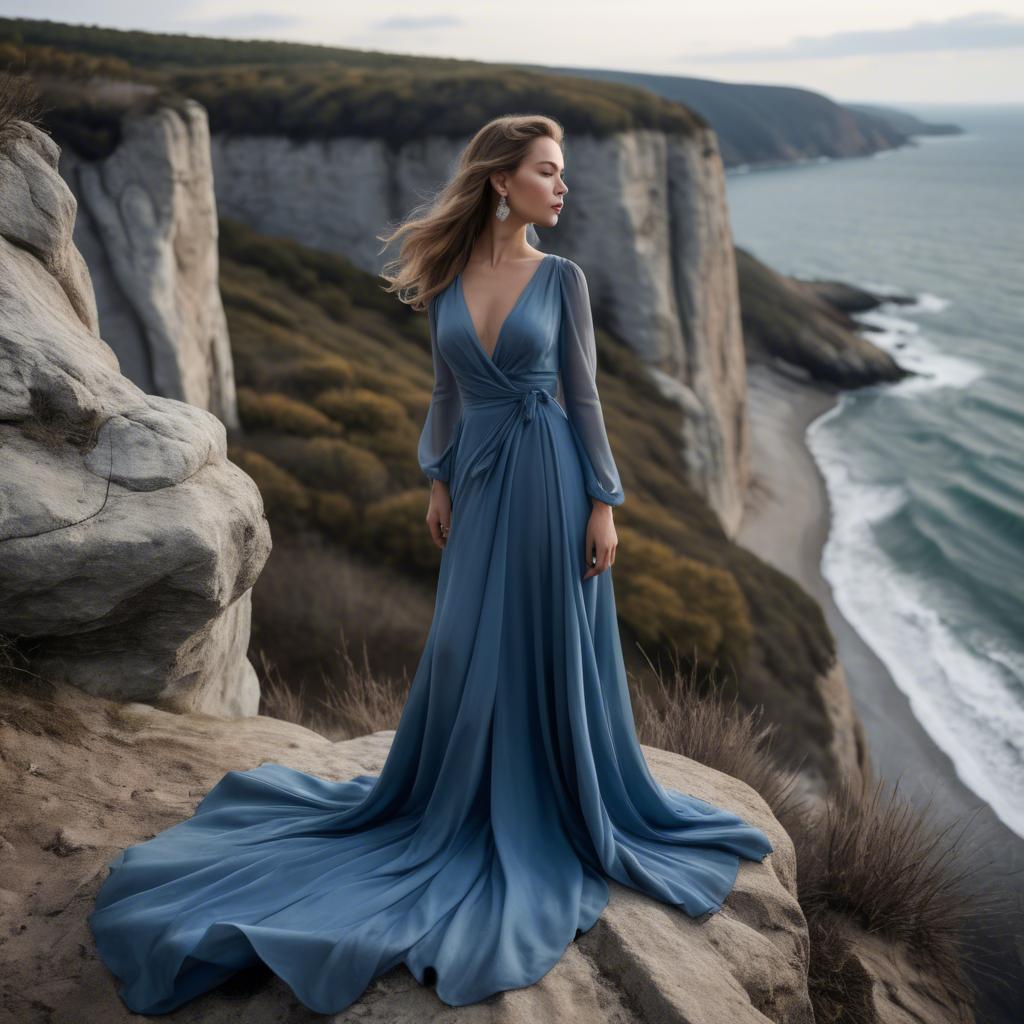 A stunning image of elegant woman in a flowing blue gown on a cliff.