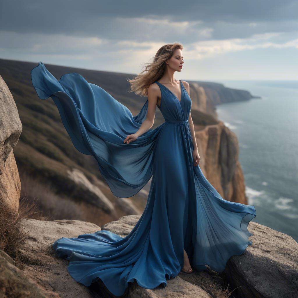 A stunning image of elegant woman in a flowing blue gown on a cliff.