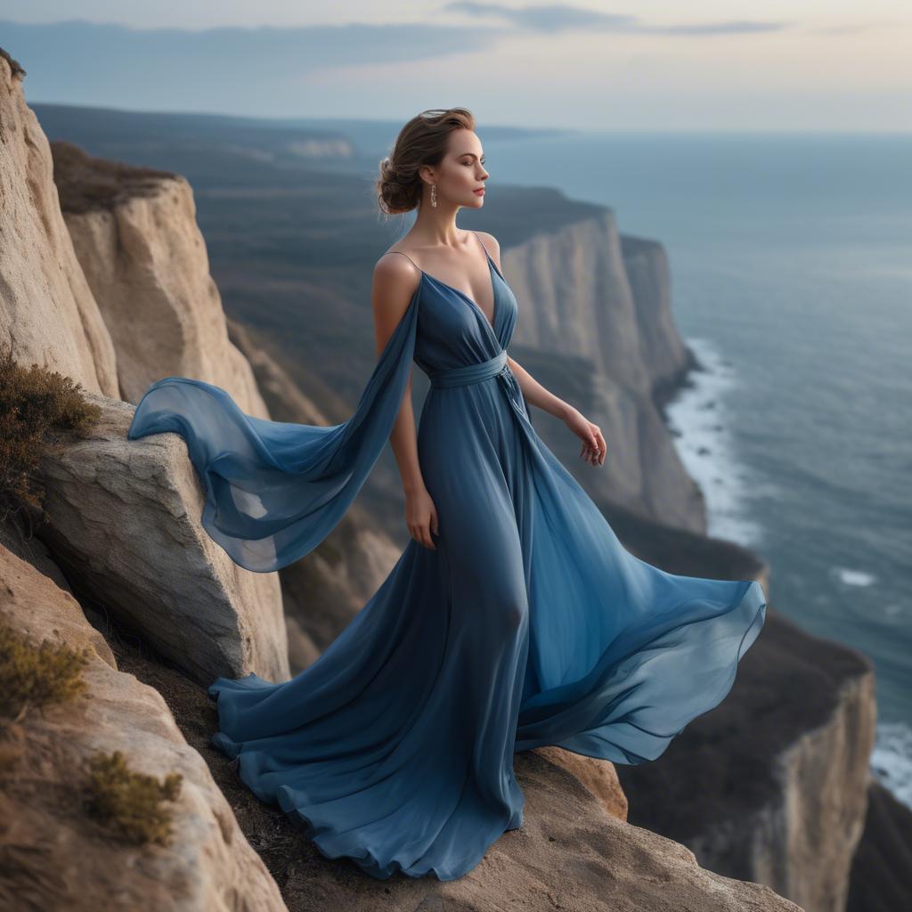 A stunning image of elegant woman in a flowing blue gown on a cliff.