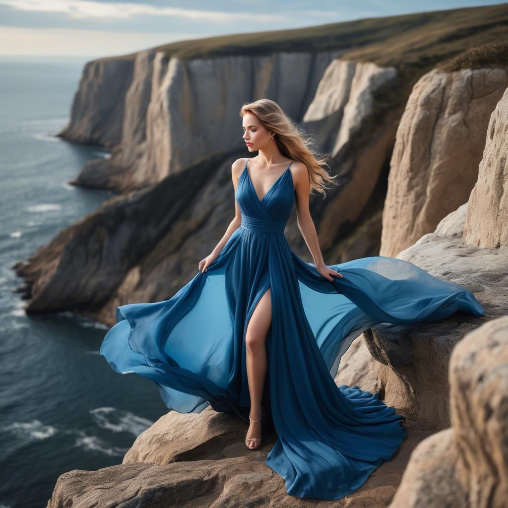 A stunning image of elegant woman in a flowing blue gown on a cliff.