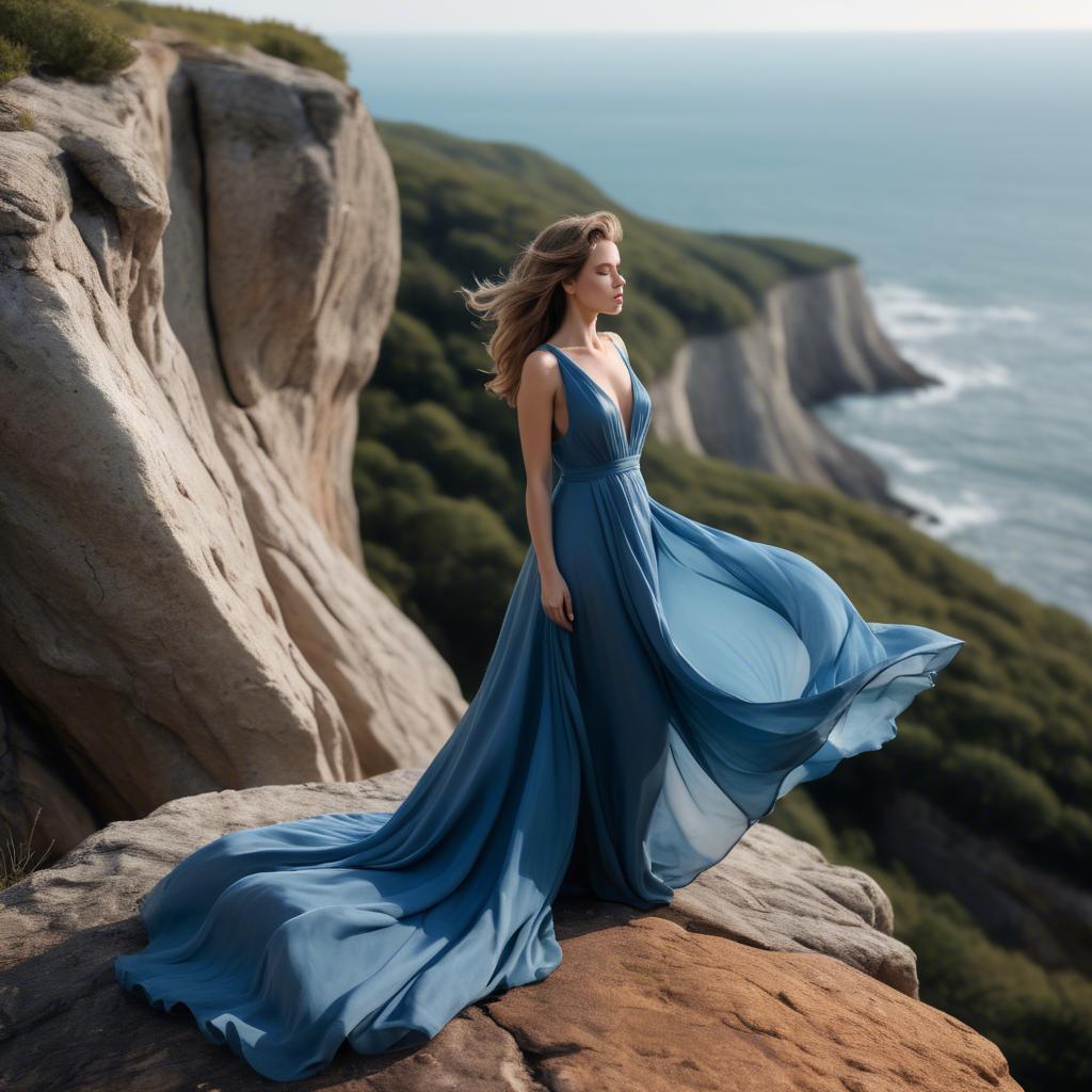 A stunning image of elegant woman in a flowing blue gown on a cliff.