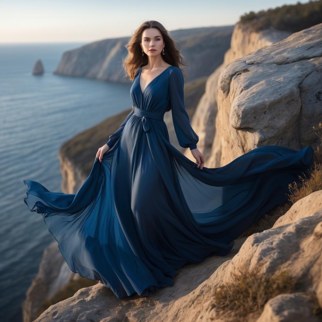 A stunning image of elegant woman in a flowing blue gown on a cliff.