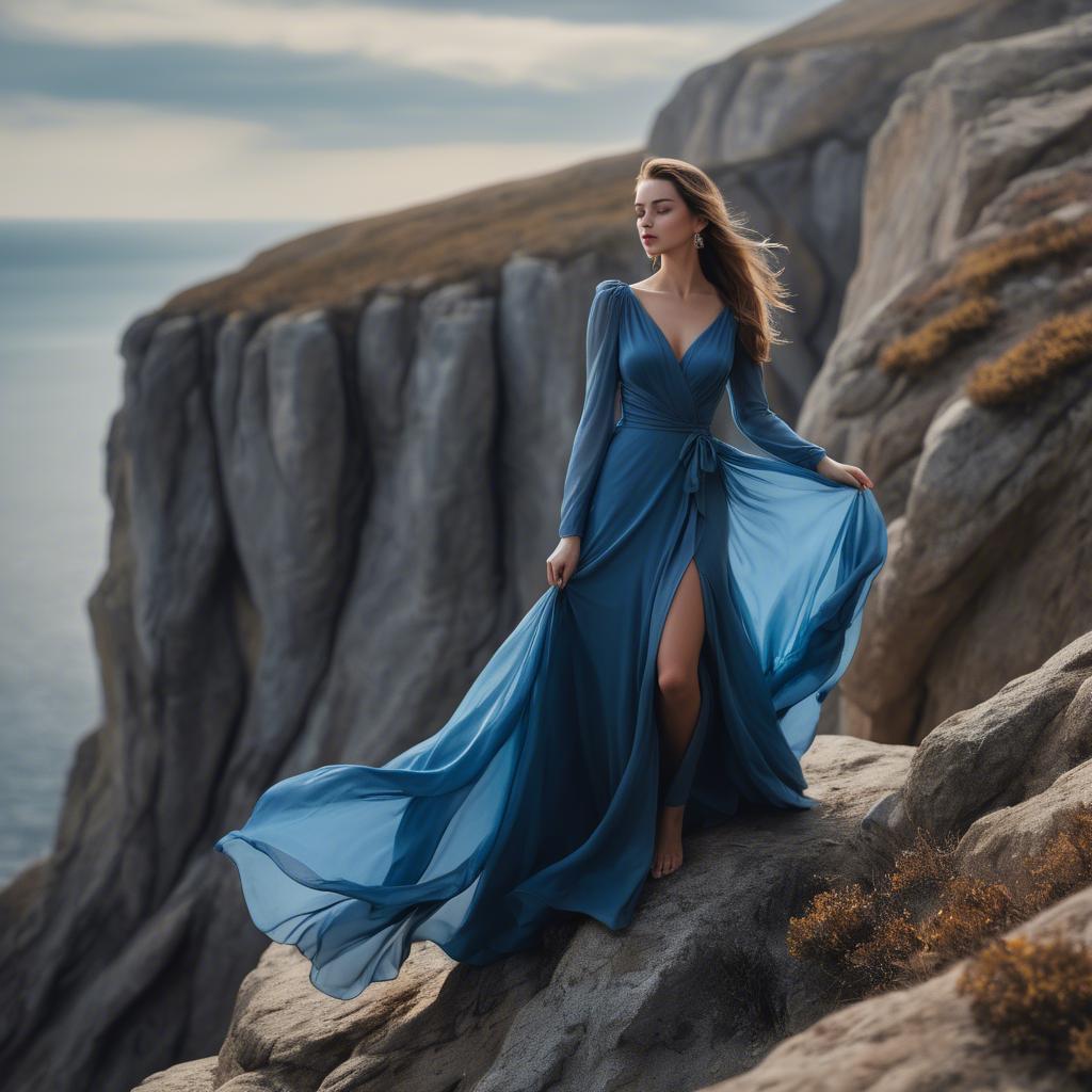 A stunning image of elegant woman in a flowing blue gown on a cliff.