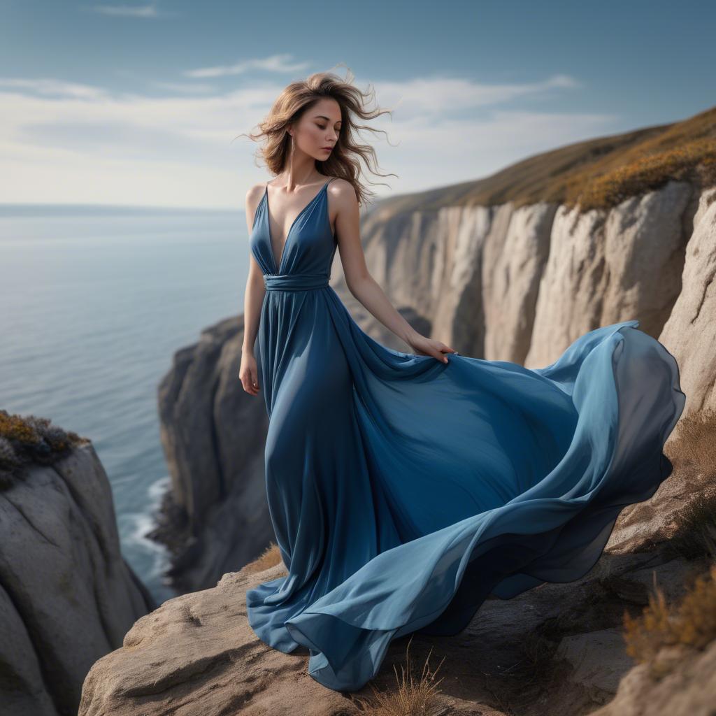 A stunning image of elegant woman in a flowing blue gown on a cliff.