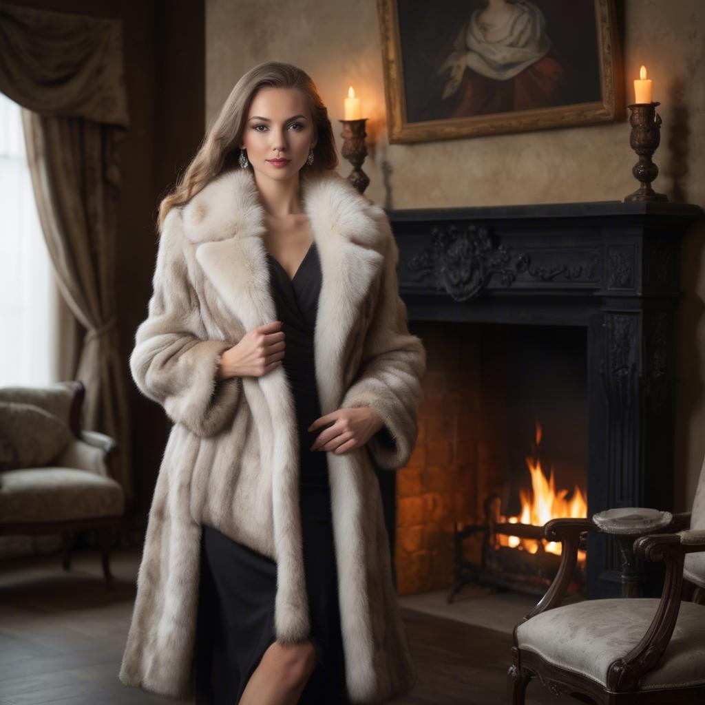 A stunning image of elegant woman in a fur coat by a fireplace.
