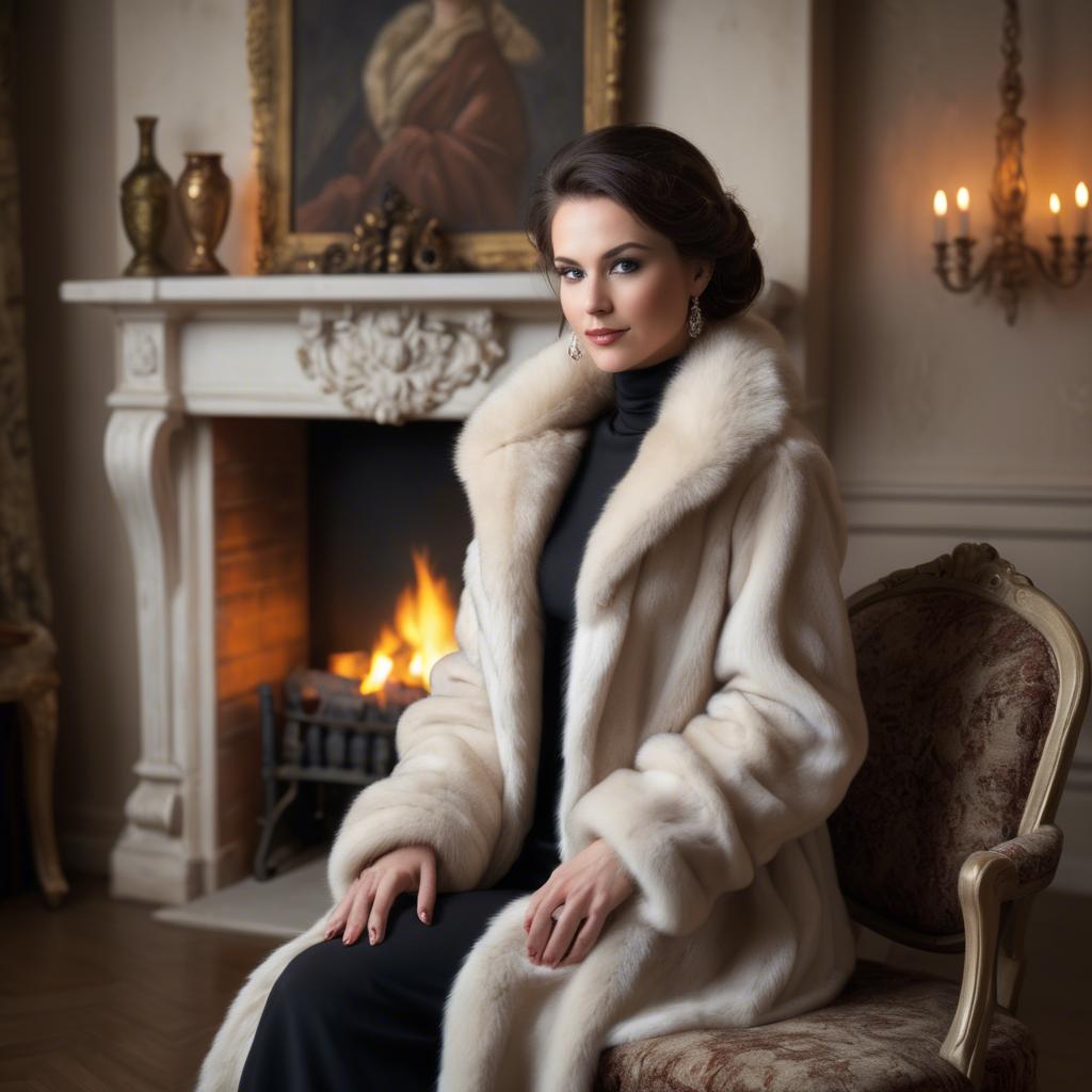 A stunning image of elegant woman in a fur coat by a fireplace.