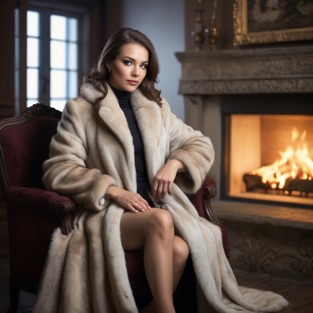 A stunning image of elegant woman in a fur coat by a fireplace.