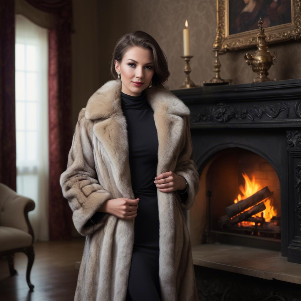 A stunning image of elegant woman in a fur coat by a fireplace.