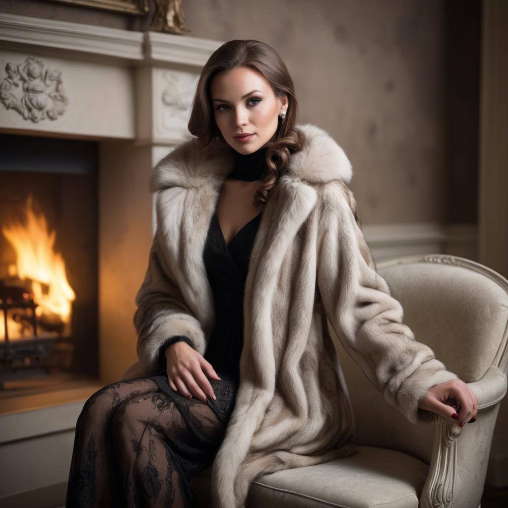 A stunning image of elegant woman in a fur coat by a fireplace.