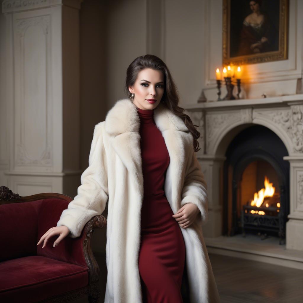 A stunning image of elegant woman in a fur coat by a fireplace.
