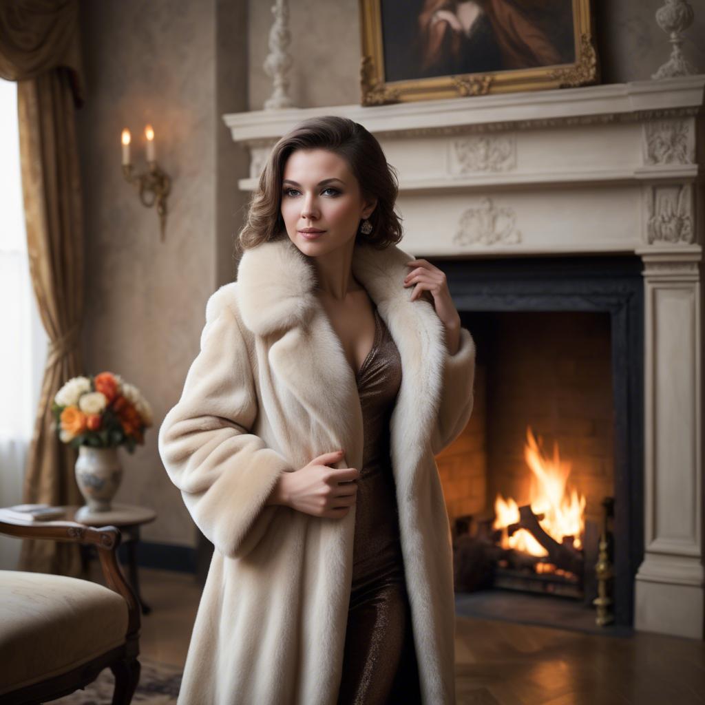 A stunning image of elegant woman in a fur coat by a fireplace.