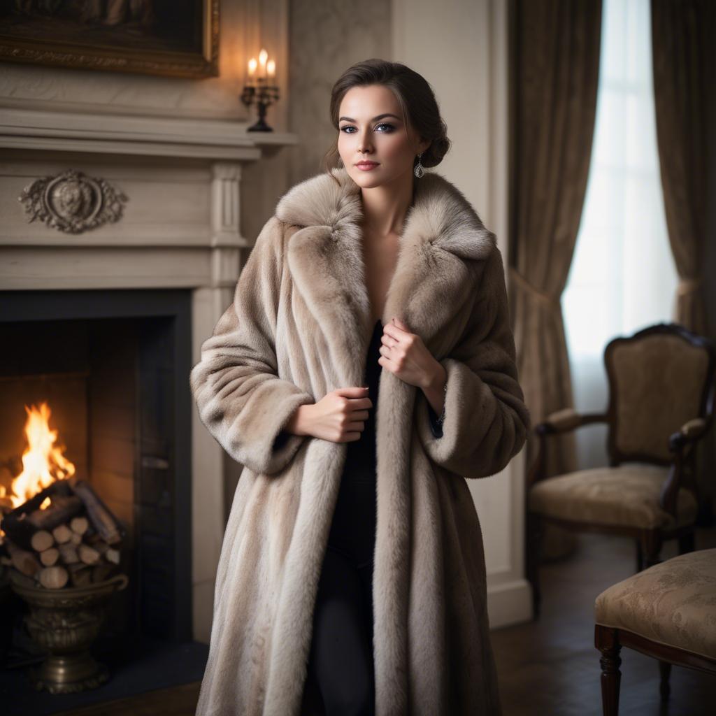 A stunning image of elegant woman in a fur coat by a fireplace.