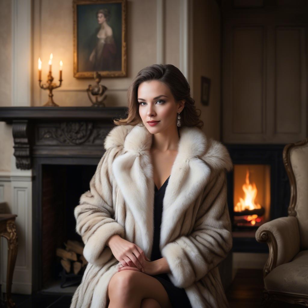 A stunning image of elegant woman in a fur coat by a fireplace.