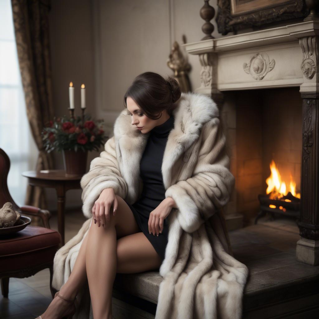 A stunning image of elegant woman in a fur coat by a fireplace.