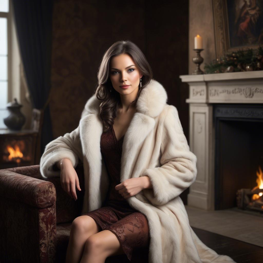 A stunning image of elegant woman in a fur coat by a fireplace.