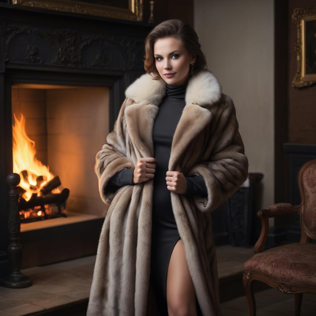A stunning image of elegant woman in a fur coat by a fireplace.