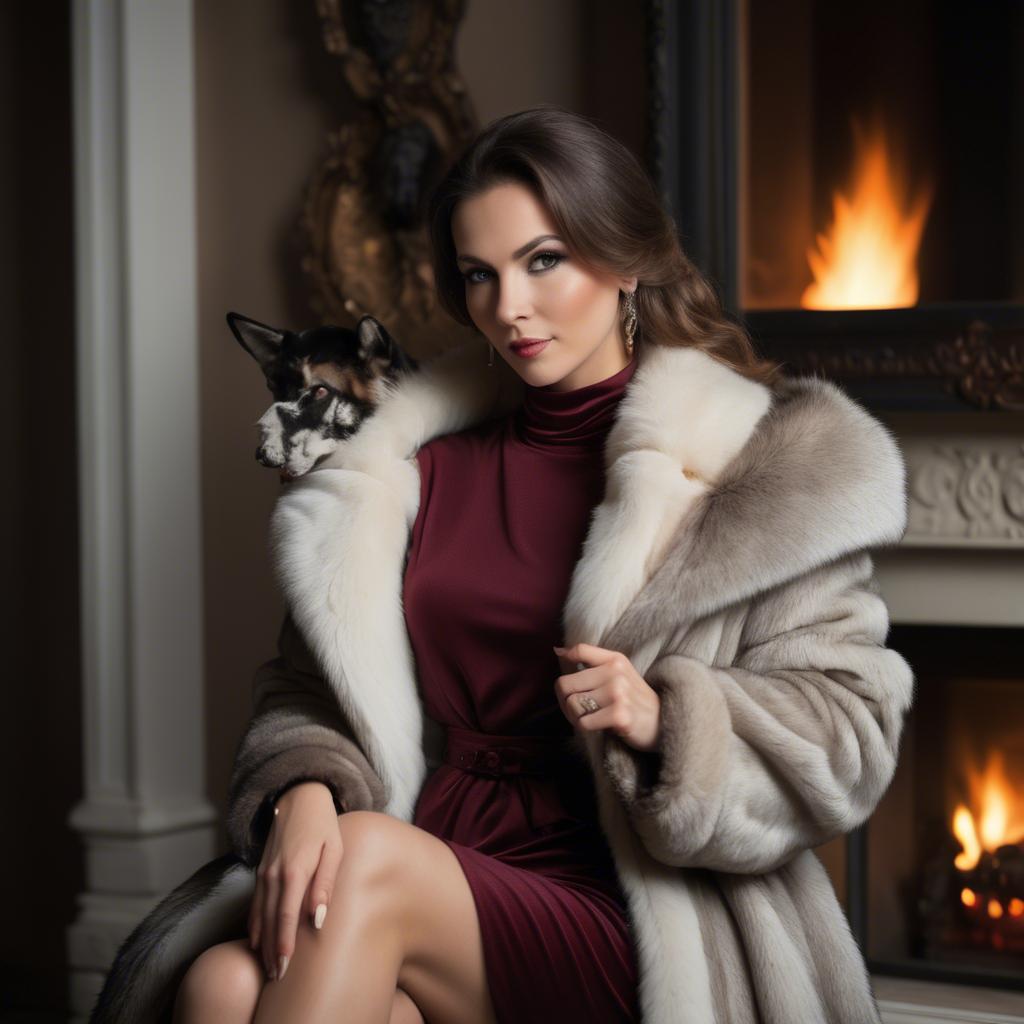 A stunning image of elegant woman in a fur coat by a fireplace.