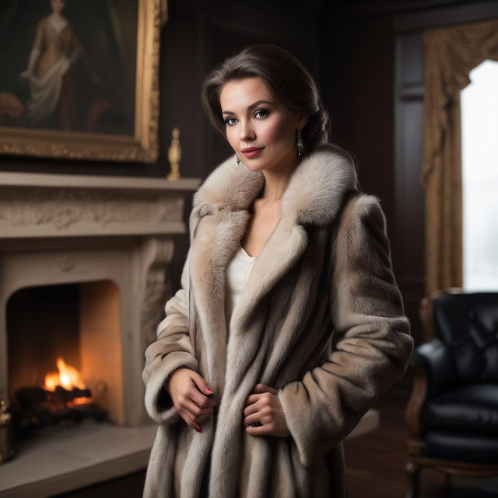 A stunning image of elegant woman in a fur coat by a fireplace.