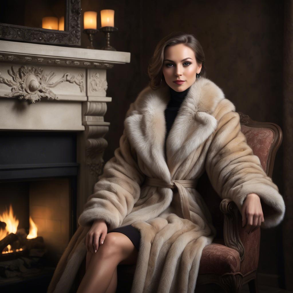 A stunning image of elegant woman in a fur coat by a fireplace.