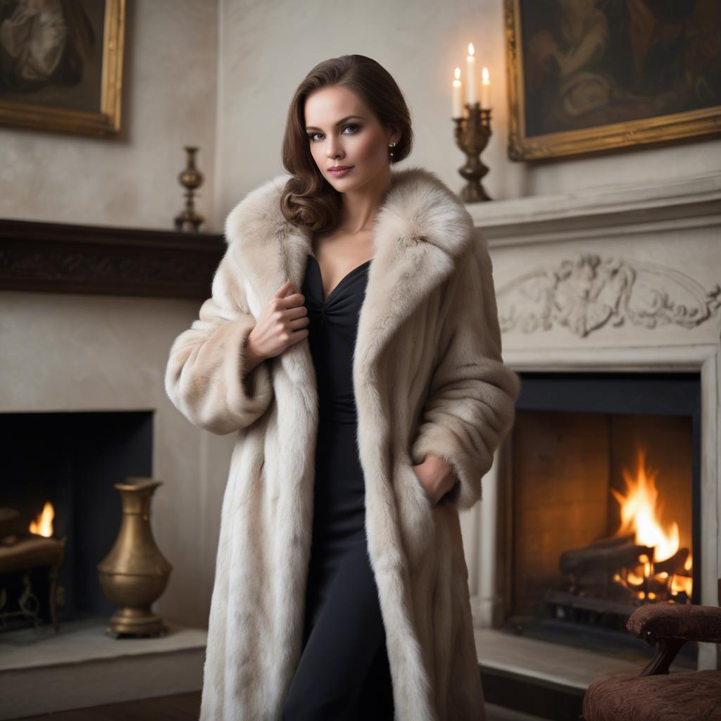 A stunning image of elegant woman in a fur coat by a fireplace.