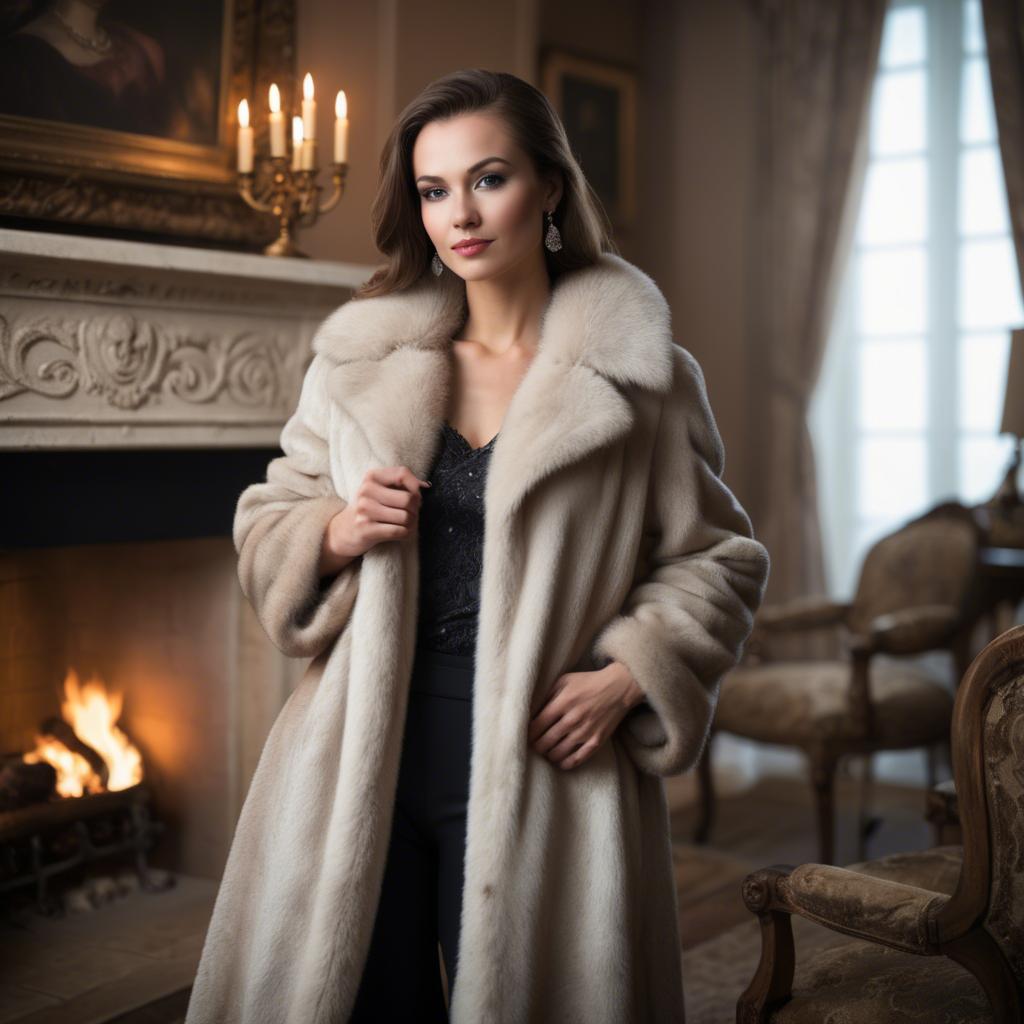 A stunning image of elegant woman in a fur coat by a fireplace.