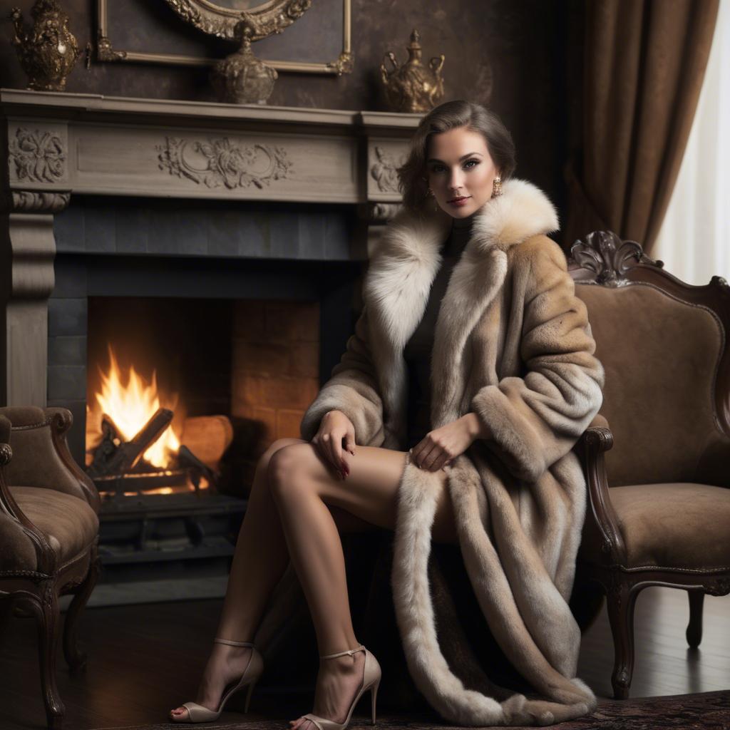 A stunning image of elegant woman in a fur coat by a fireplace.