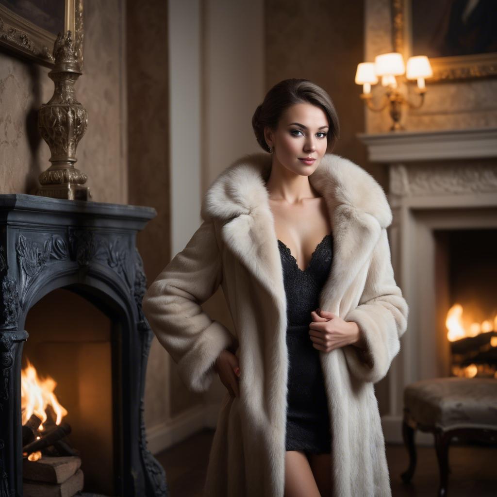 A stunning image of elegant woman in a fur coat by a fireplace.
