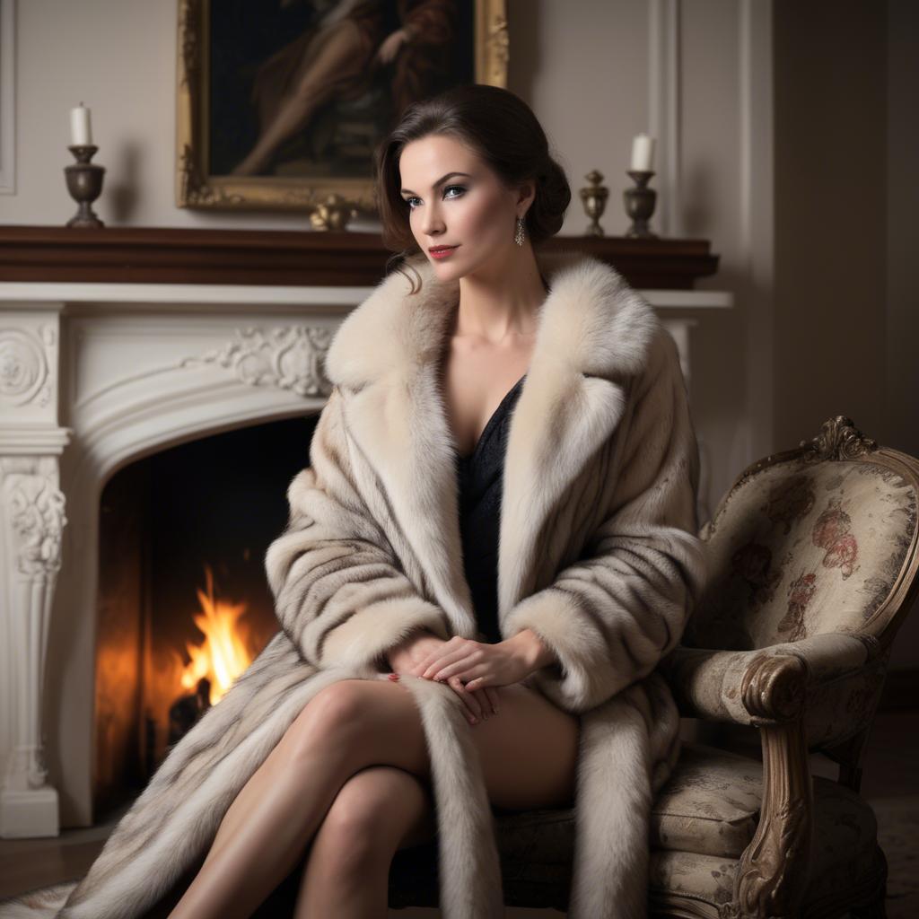 A stunning image of elegant woman in a fur coat by a fireplace.