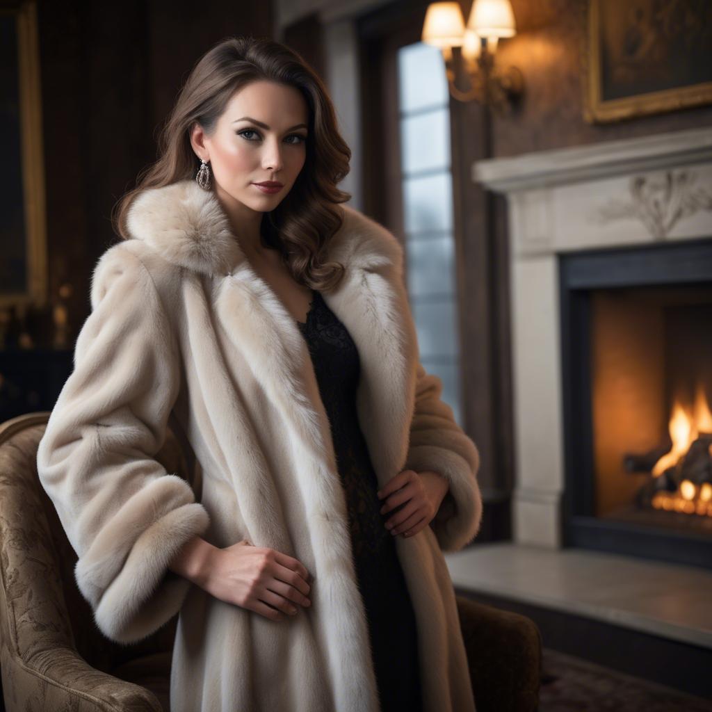 A stunning image of elegant woman in a fur coat by a fireplace.