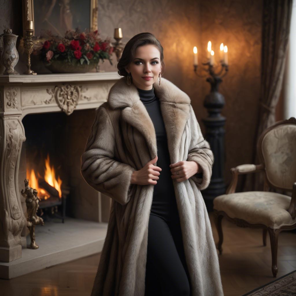 A stunning image of elegant woman in a fur coat by a fireplace.