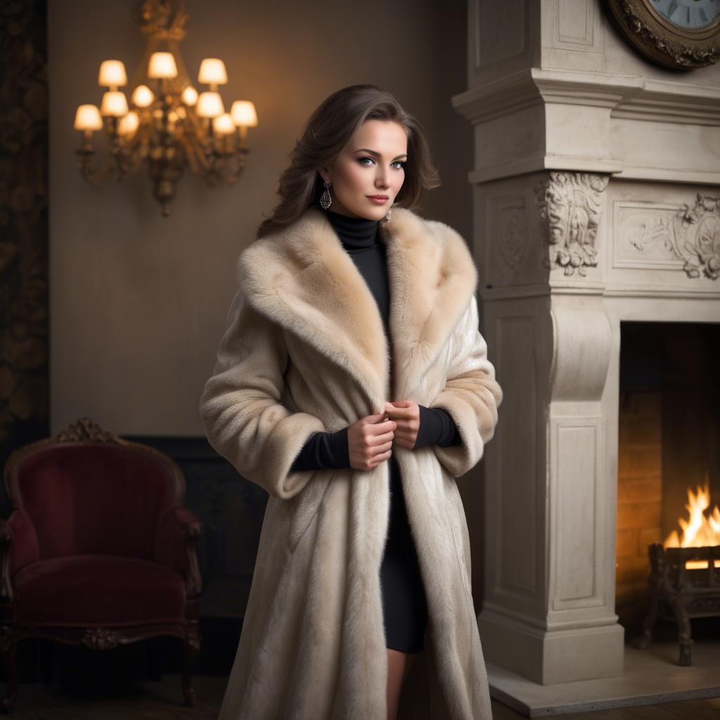 A stunning image of elegant woman in a fur coat by a fireplace.