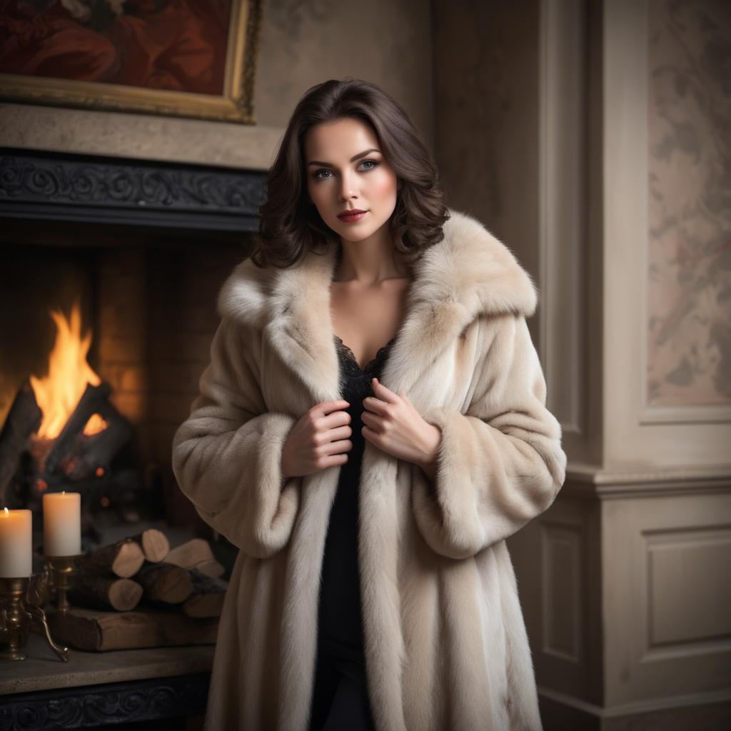 A stunning image of elegant woman in a fur coat by a fireplace.