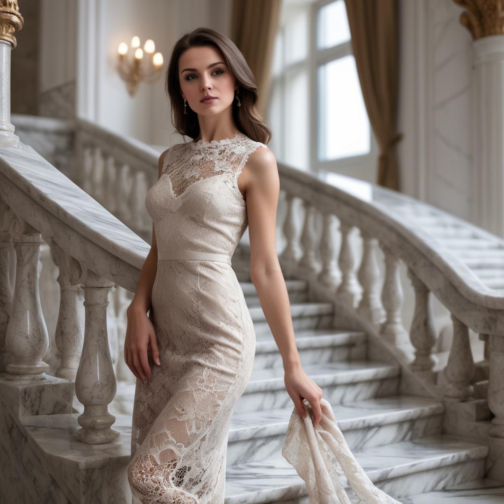 A stunning image of elegant woman in a lace dress on a marble staircase.